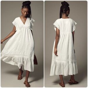 Anthropologie White Tiered Midi Sundress with Flutter Sleeves